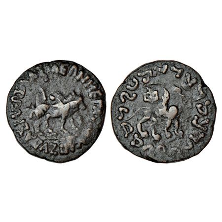 Indo-Scythians, Azes (48-25 BC), copper coin, Senior ISCH 102.211, 13.92g. Obv: Bull walki