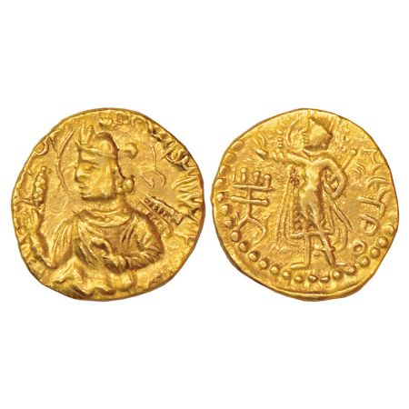 Kushans, gold ¼ dinar of Huvishka (152-185 AD), Gobl 337, 1.94g. Obv: Nimbate half bust of