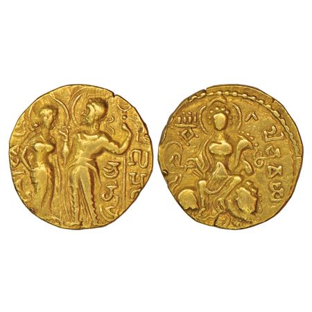 Gupta Empire, gold dinar of Samudra Gupta (350-375 AD), 'King and Queen' type, Altekar p.3