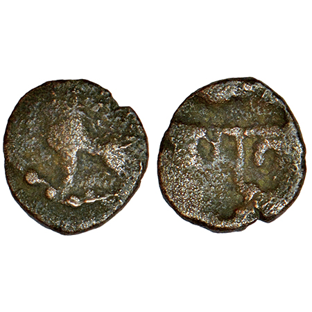 Gupta Empire, copper coin of Ramagupta (375-385 AD), S Kumar Class A, 0.89g. Obv: Lion sea