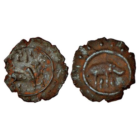 Pallavas of Kanchipuram, alloyed Copper coin attributed to Mahendravarman I (580-630 AD), 