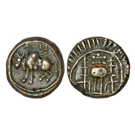 Vishnukundin-style coinage from Northern Maharashtra/Vidarbha, 'bull' type coin in alloyed