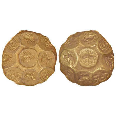 Kakatiyas of Warangal - gold punch-marked gadyana, repousse fabric, (900-1000AD), 3.84g, 2