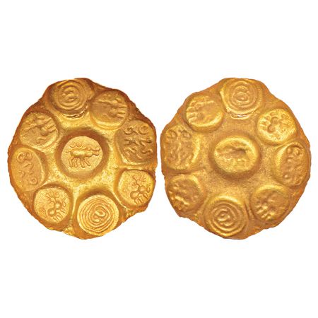 Kakatiyas of Warangal, gold punch-marked gadyana, repousse fabric, (1100-1200 AD), 3.77g, 