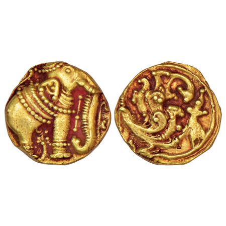 Western Gangas (10th-11th century AD), gold gajapati pagoda, MCSI-I 192-193, 3.85g. Obv: A