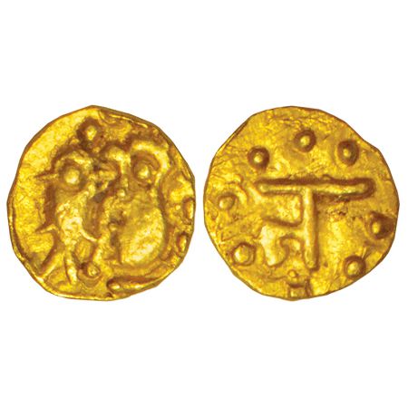 Cholas, gold haga, attributed to Uttama Chola (970-985 AD), unpublished in MCSI, 0.08g. Ob