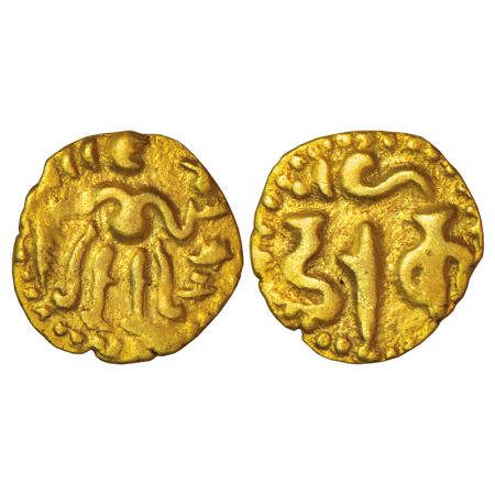 Cholas, anonymous coinage (970-1070 AD), gold 1/8th kahavanu, 0.51g. Obv: 'Chola' style st