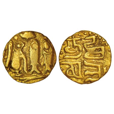 Cholas, Raja Raja I (985-1014 AD), gold 1/8th kahavanu, MCSI-II 331, 0.45g. Obv: Dynastic 