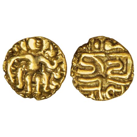 Chola King, Raja Raja I (985-1014 AD), gold 1/8 kahavanu, 0.22g. Obv: Standing figure of k