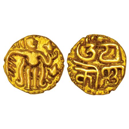 Imperial Cholas, Rajendra, gold fanam, 0.71g. Obv: King standing facing right. Rev: Devana