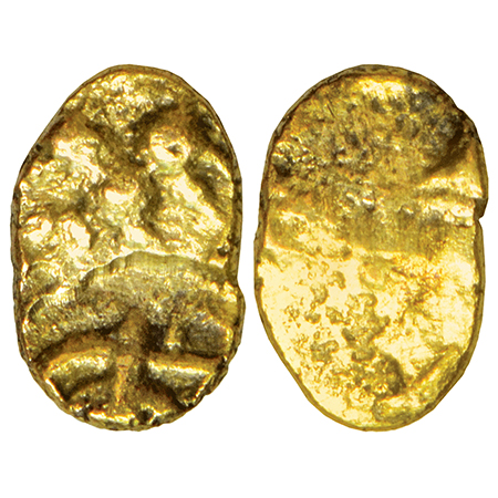 Chalukyas of Kalyani, gold ½ fanam of punch-marked type, (1000-1100 AD), 0.17g. Obv: Two p
