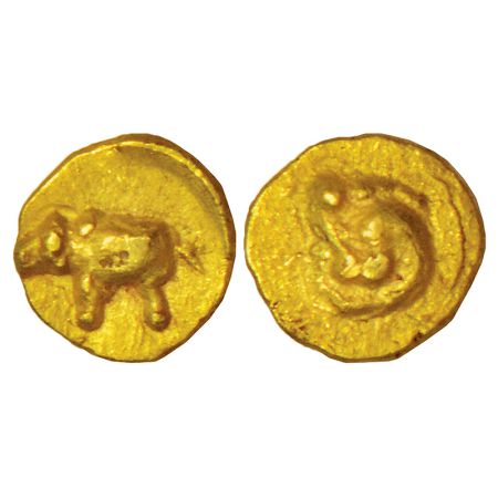 Chalukyas of Kalyani or feudatories, unattributed and uninscribed gold ¼ fanam, (1000-1100