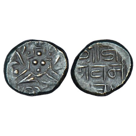 Paramaras of Malwa, silver coin of Jayavarman (1225-1274 AD), Deyell 165, 2.02g. Obv: Four