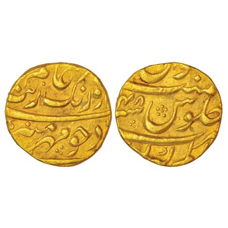 Aurangzeb (1658-1707 AD), gold mohur, Alamgirpur (Bhilsa) mint at bottom, RY 48, KM 315.66