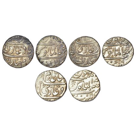Kankruti mint, silver rupee (3). (A) Muhammad Shah, RY Ahd, 11.52g. (B) Alamgir II, AH (11