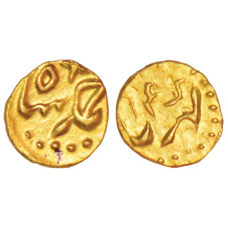 Ahmad Shah Bahadur (1748-1754 AD), gold fanam, Karpa mint, RY 4, KM B450.1, 0.19g. Extreme