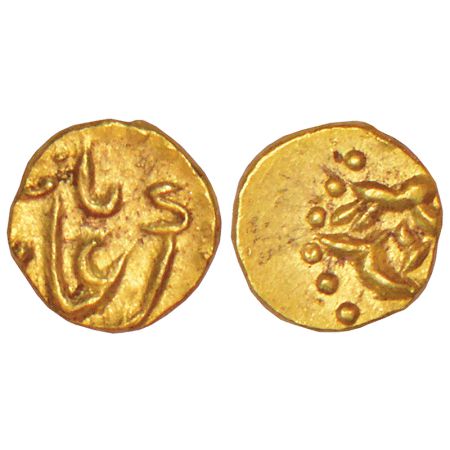 Alamgir II (1754-1759 AD), gold ½ fanam, Siddhaut mint, AH 116x, 0.19g. Extremely fine, Ra