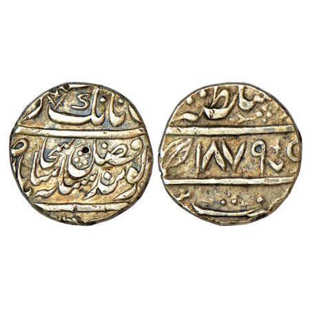 Sikh Empire, silver rupee, Lahore mint, 'Nanak Shahi' couplet, VS 1879, similar to Herrli 