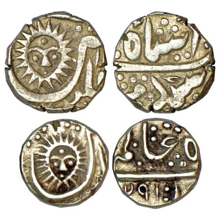 Indore (2), silver ½ rupee, 5.56g, ND & ¼ rupee, 2.75g, AH (1)291, Malharnagar mint, in th