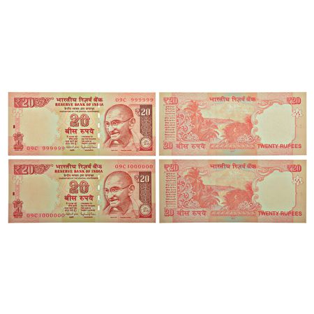 20 rupees, fancy number notes (2), Gandhi series, 2014, signed by Raghuram Rajan, without 