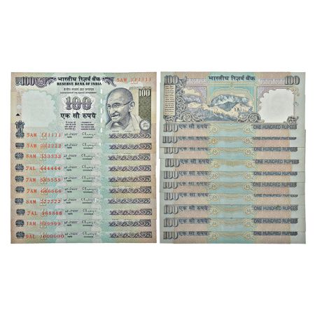100 rupees, fancy number set of 10 notes, Gandhi series, ND (1992-1997), signed by C. Rang