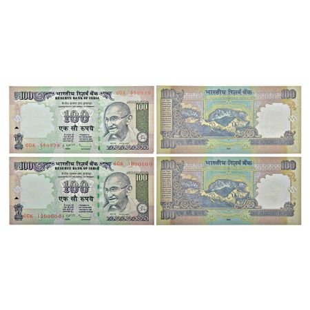 100 rupees, fancy number set of 2 notes, Gandhi series, 2009, signed by D. Subbarao, inset