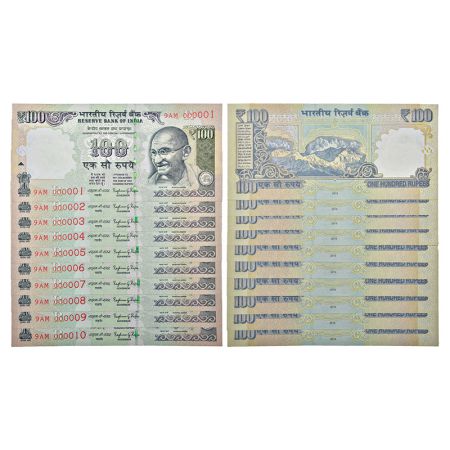 100 rupees, fancy number set of 10 notes, Gandhi series, 2015, signed by Raghuram Rajan, i