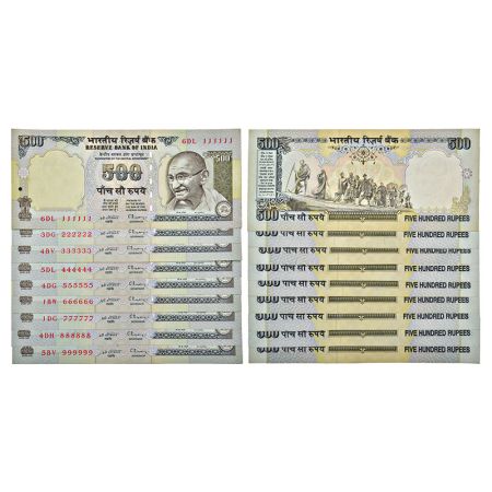500 rupees, fancy number set of 9 notes, Gandhi series, 2nd issue, ND (1992-1997), signed 