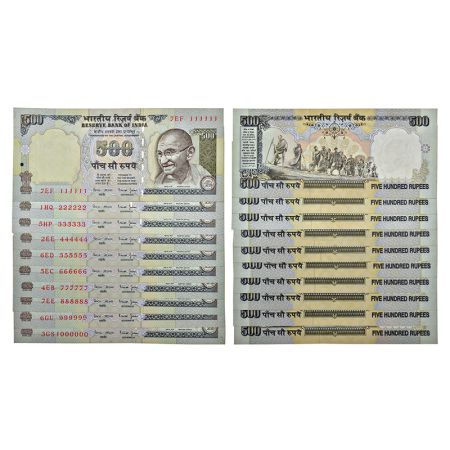 500 rupees, fancy number set of 10 notes, Gandhi series, 2nd issue, ND (1997-2003), signed