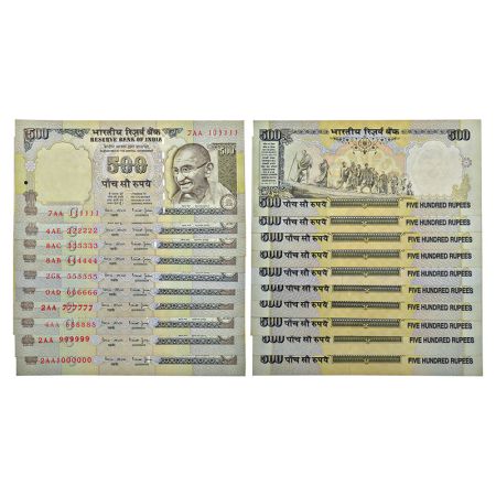 500 rupees, fancy number set of 10 notes, Gandhi series, 2nd issue, ND (1997-2003), signed