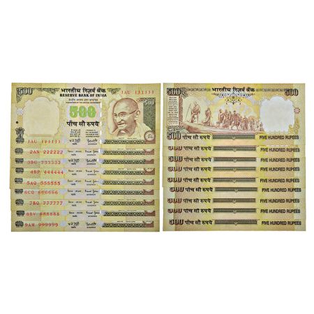 500 rupees, fancy number set of 9 notes, Gandhi series, 3rd issue, without year, serial no