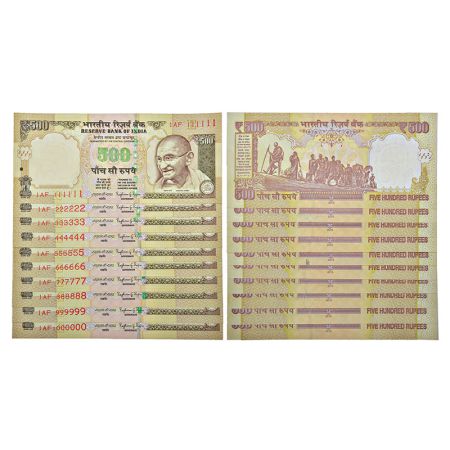 500 rupees, fancy number set of 10 notes, Gandhi series, 3rd issue, 2015, signed by Raghur