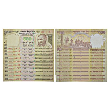500 rupees, fancy number set of 10 notes, Gandhi series, 3rd issue, 2015, signed by Raghur