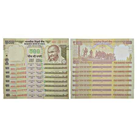 500 rupees, fancy number set of 8 notes, Gandhi series, 3rd issue, 2015, signed by Raghura