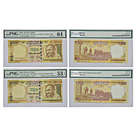 500 rupees, mule, fancy number set of 2 notes, Gandhi series, 3rd issue, 2014, signed by D