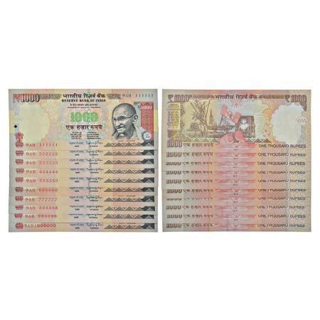 1000 rupees, fancy number set of 10 notes, Gandhi series, 2014, signed by Raghuram Rajan, 
