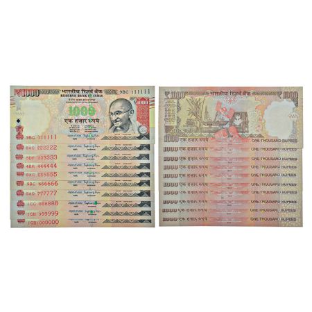 1000 rupees, fancy number set of 10 notes, Gandhi series, signed by Raghuram Rajan, serial