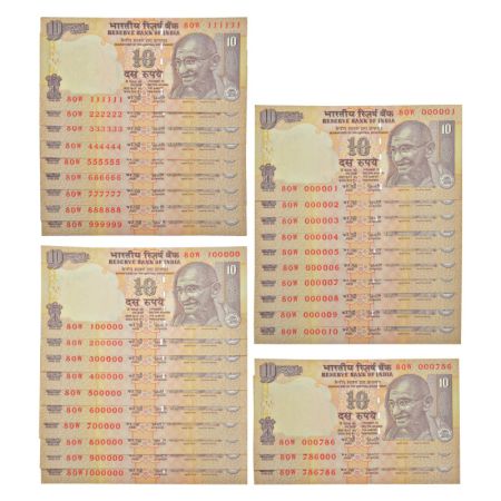 10 rupees, fancy number set of 32 notes, Gandhi series, 2007, signed by Y.V. Reddy, withou
