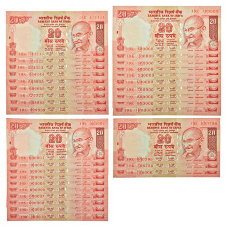 20 rupees, fancy number set of 32 notes, Gandhi series, 2008, signed by Y.V. Reddy, inset 