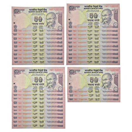 50 rupees, fancy number set of 32 notes, Gandhi series, 2008, signed by Y.V. Reddy, inset 