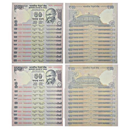 50 rupees, fancy number 10 sets of 2 notes, Gandhi series, 2015, signed by Raghuram Rajan,