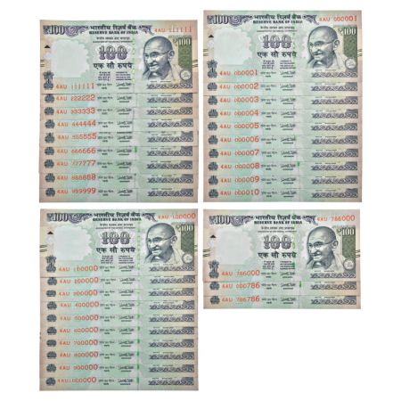 100 rupees, fancy number set of 32 notes, Gandhi series, 2017, signed by Urjit Patel, inse