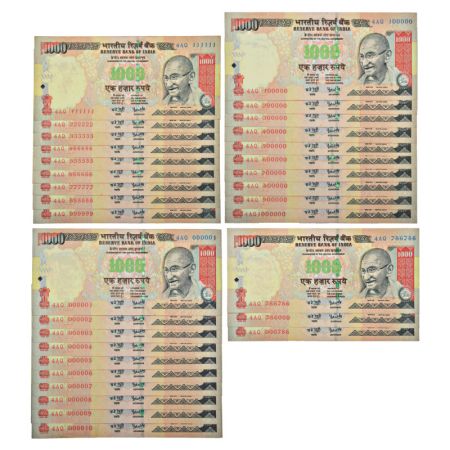 1000 rupees, fancy number set of 32 notes, Gandhi series, 2006, signed by Y.V. Reddy, inse