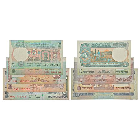 A group of 5 fancy number notes, 2x 5 rupee, signed by Bimal Jalan, 2x 10 rupees, signed b