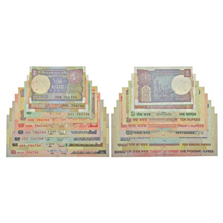 Fancy number set of 9 notes, 1 rupee to 1000 rupees, various governors' signature, various