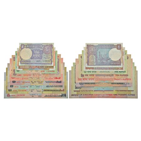 Fancy number set of 9 notes, 1 rupee to 1000 rupees, various governors' signature, various