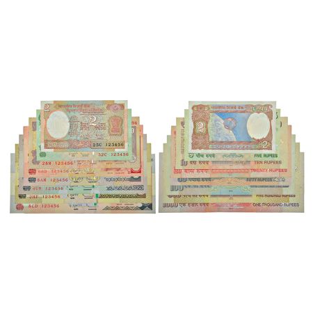 Fancy number set of 8 notes, 2 rupees to 1000 rupees, various governors' signature, variou