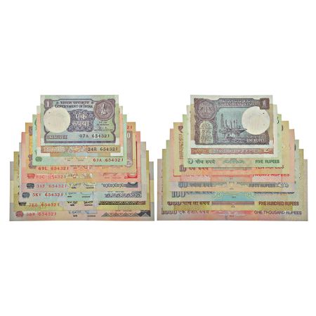 Fancy number set of 9 notes, 1 rupee to 1000 rupees, various governors' signature, various