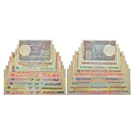 Semi fancy number set of 9 notes, 1 rupee to 1000 rupees, various governors' signature, va