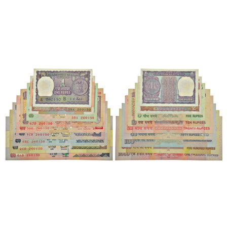 Semi fancy number set of 9 notes, 1 rupee to 1000 rupees, various governors' signature, va